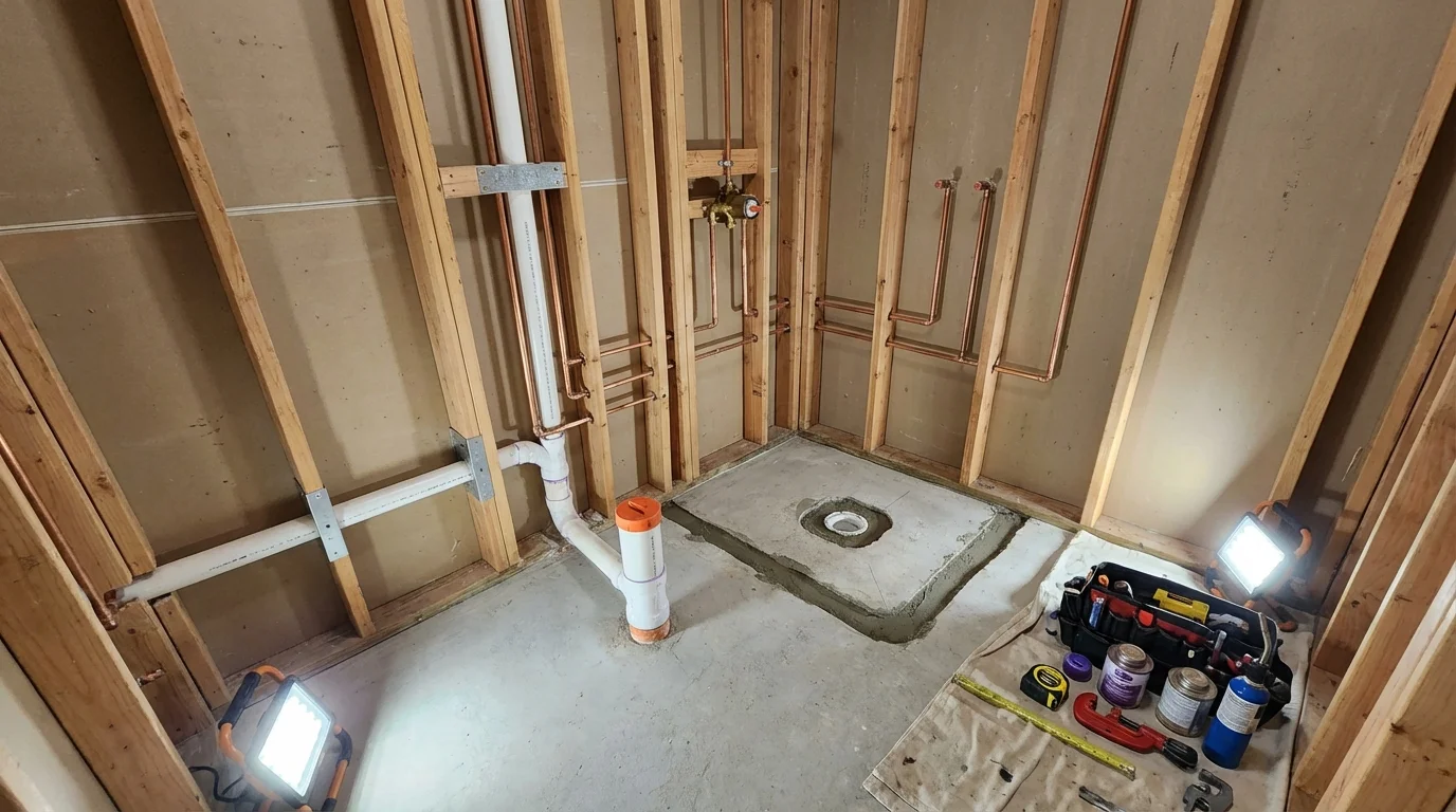 Bathroom rough-in plumbing during remodel by Johns Plumbing LLC in McCleary