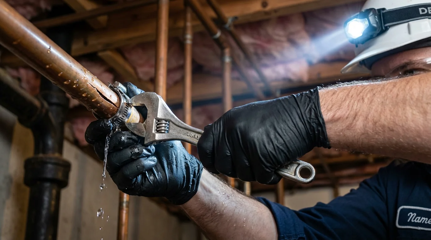 Emergency pipe clamp repair being performed by a Johns Plumbing LLC plumber in McCleary