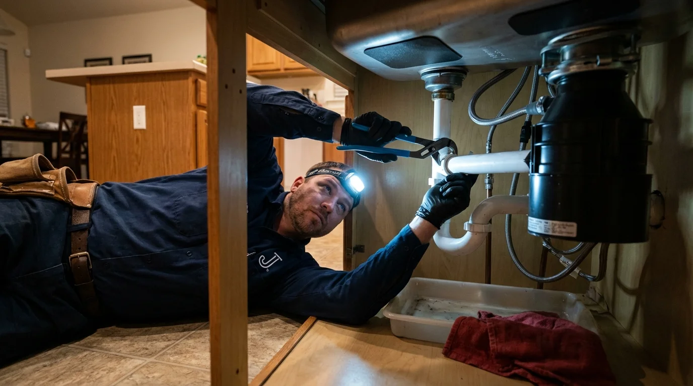 P-trap and supply line connections under a kitchen sink showing a common leak point in McCleary, WA